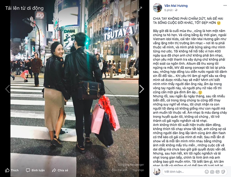 Văn Mai Hương đã chia tay bạn trai sau hơn một năm yêu nhau lặng lẽ